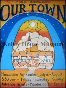 Poster for the 1971 production of Our Town, the first production staged at the Mendocino Art Center's Helen Schoeni Theatre. Poster design by Charles Marchant Stevenson.