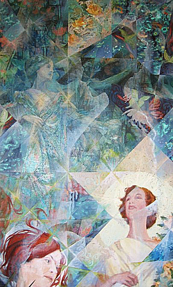 Sandra Hawthorne as Titania (1968) (detail). Charles Marchant Stevenson captures enchanting aspects of actress Sandra Hawthorne. She wears a vintage gown from the House of Worth, borrowed from Mendocino Headlands preservationist, and fellow actress, Betty Thompson. Acrylic on canvas covered wood panel (108" x 60"). SKU: CS196825