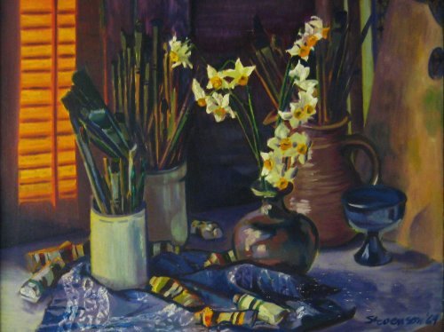 Still Life with Daffodils, Paints, and Brushes by Charles Marchant Stevenson (1969). Acrylic. SKU: CS196910