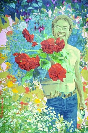 The Gardener: Henry Horton by Charles Marchant Stevenson (1970). Mendocino Coast master gardener Hank Horton, not just a man with a green thumb, but a Green Man, the embodiment of Earth's cycles of renewal. Acrylic on canvas (48” x 32”). SKU: CS1970