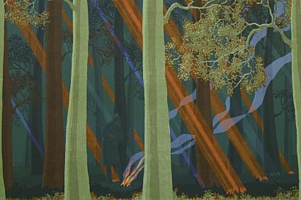 Campfire by Charles Marchant Stevenson (1971). Shafts of early spring sunlight penetrate the redwood canopy; a man warms himself at his campfire up Big River. Serigraph (20” x 26”), edition of 47. SKU: CS197101