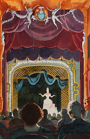 Jane Rhodes at the Palais Royal by Charles Marchant Stevenson (1972). Painted from memory the morning after Charles Marchant Stevenson, and companion Arnold Borley, attended French mezzo-soprano Jane Rhodes' concert in Paris. Gouache (24” x 16”). SKU: CS197203