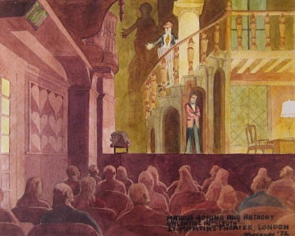 Sleuth at Saint Martin's by Charles Marchant Stevenson (1972). Inscription: Marius Goring and Anthony Valentine in "Sleuth” at St. Martin's Theater, London. Gouache (16.5” x 26.5”). SKU: CS197205