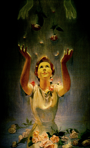 Manna by Charles Marchant Stevenson (1975). Stevenson describes the subject: a woman receiving roses from her inner being. Acrylic on canvascovered wood panel. SKU: CS197515