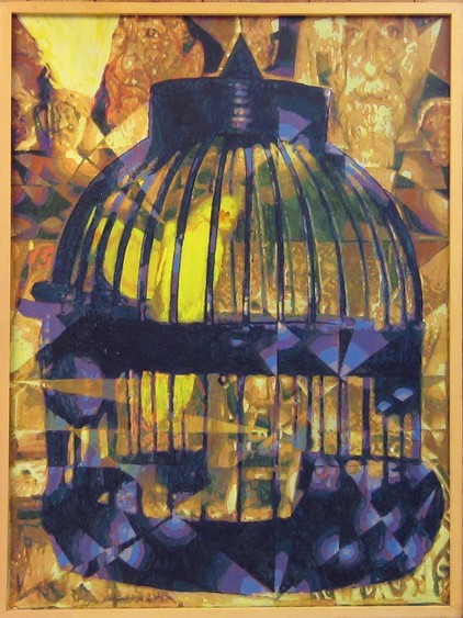 Coal Miner's Canary (1988). Handsigned on reverse: Stevenson Leach Studios. Charles Marchant Stevenson and Matt Leach suggest the moment when the canary's song falls silent. Acrylic on canvas. SKU: CS198804