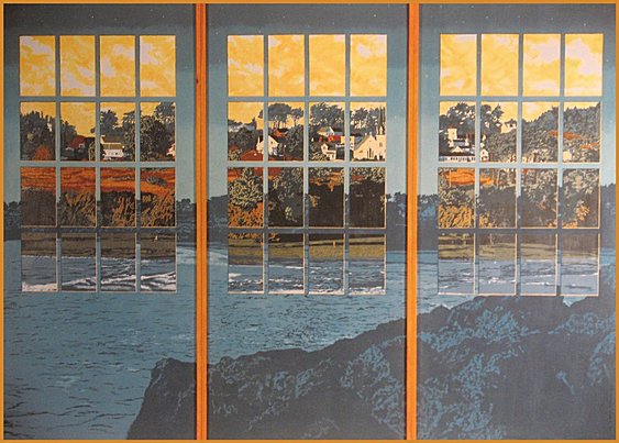 Mendocino Afterglow (1990). Three panel screen, painted in acrylics on both sides (80" x 108"). Designed by Matt Leach, and executed by Matt Leach and Charles Marchant Stevenson, Stevenson Leach Studios.