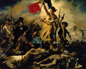 Liberty Leading the People by Eugène Delacroix (1830), commemorating France's July Revolution of 1830. The painting has been moved from the Louvre in Paris to the new Louvre-Lens museum in Lens, Pas-de-Calais (2012). Oil on canvas (9.8' x 11.9').