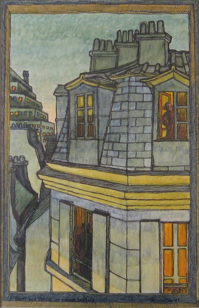 Garret (1991). Charles Marchant Stevenson and Matt Leach commemorate sightings of Zelda and F. Scott Fitzgerald, their ghosts relocated from the Ritz, and still spatting, in a Parisian garret high on the corner of rue Tournefort and rue du Pot de Fer. Inscription: F.Scott and Zelda at home in Paris. Watercolor (14 x 10). Signed: Stevenson '91. Stevenson/Leach Studios. White mat and narrow gold metal frame. SKU: CS199122*