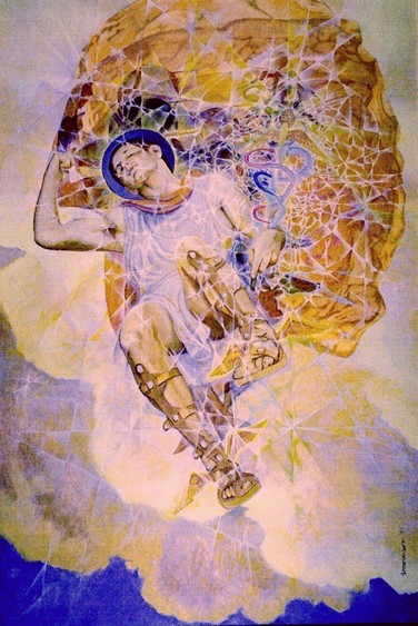 Hermes by Charles Marchant Stevenson (1991). Acrylic on canvas covered wood panel (75 x 49). Signed: Stevenson. Stevenson/Leach Studios. SKU: CS199150