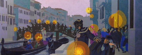 Carnival in Venice (1994) is a study for a planned, but unrealized, large folding screen. In early twilight, masked Carnival revelers throng the alleys and bridges of Venice. Acrylic on canvas (32” x 80”). Signed on reverse: Stevenson/Leach. Stevenson/Leach Studios. SKU: CS199421*