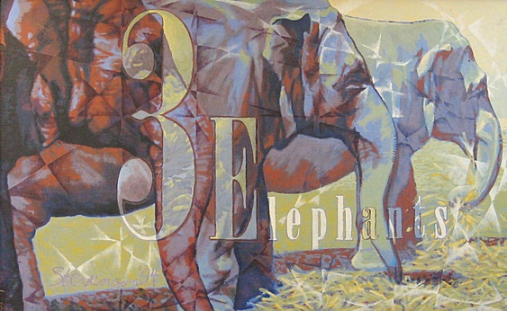 3 Elephants (1994). Acrylic on canvas (30” x 48”). Signed: Stevenson '94. Stevenson/Leach Studios. Original artist's frame. SKU: CS199422*