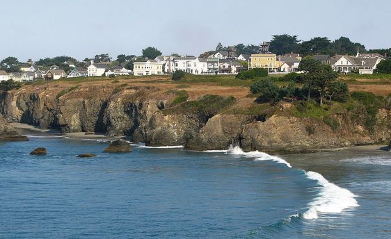 The village of Mendocino,. Looking north across Mendocino Bay. Phot by Jef Poskanzer.