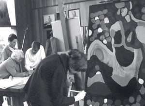 Charles Marchant Stevenson (center rear) in his studio at the Mendocino Art Center (1965). Photo by Bill Foote.