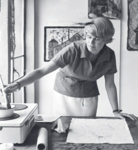 Monica Hannasch in her batik studio at the Mendocino Art Center (1966). Photo by Bill Foote.