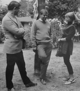 San Francisco Public Schools Administrator Arnold Borley with Mendocino Art Center instructors Charles Marchant Stevenson (painting) and Monica Hannasch (batik). Art Center Fair (1966) . Photo by Bill Foote.