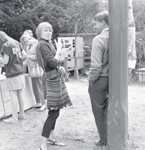 Mendocino Art Center instructors Monica Hannasch (batik) and Charles Marchant Stevenson (painting) at the Art Fair (1966). Photo by Bill Foote.