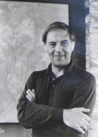 Charles Marchant Stevenson with his 1964 portrait of Lucia Zacha.