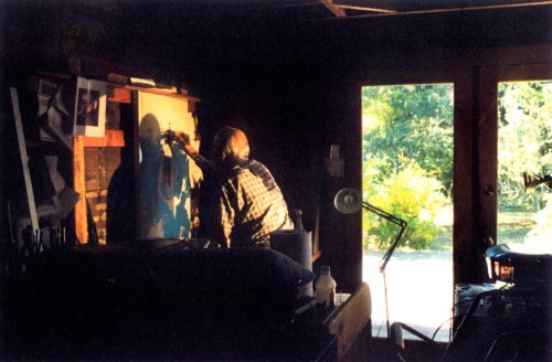 Charles Marchant Stevenson at his easel on his last day in his studio (2004). Photo by Antonia Lamb.