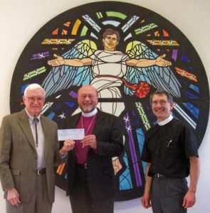 Rondel Study in acrylic by Charles Marchant Stevenson. A parishioner stands with Bishop Barry Beisner, and the Rev. Bill Osborne in Larsen Community Hall, St. Michael and All Angels Episcopal Church, 201 E. Fir Street, Fort Bragg California.