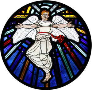 Saint Michael Rondel. Stained glass window. Charles Marchant Stevenson. St. Michael and All Angels Episcopal Church, 201 E. Fir Street, Fort Bragg California.