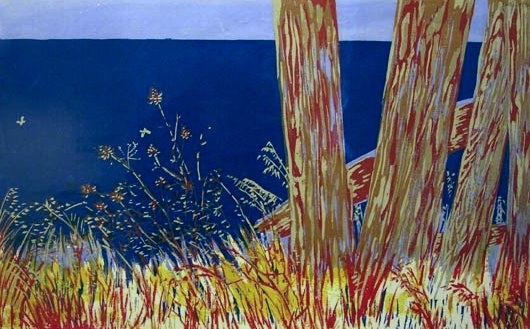 Sunrise, Summer (Mendocino Fences), serigraph by Dorr Bothwell (1962).