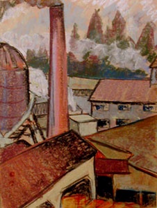 The Mill, Port Gamble Washington by Dorr Bothwell (1926). Oil pastel (14.5" x 11"). Private collection.