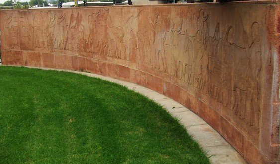 The De Anza Monument's cast cement bas-relief wall, Departure from Tubac, Second De Anza Expedition, 1775, depicts Don Juan Bautista De Anza passing through Arba (Riverside today). Design by Dorr Bothwell. Photo: Bob Blick.