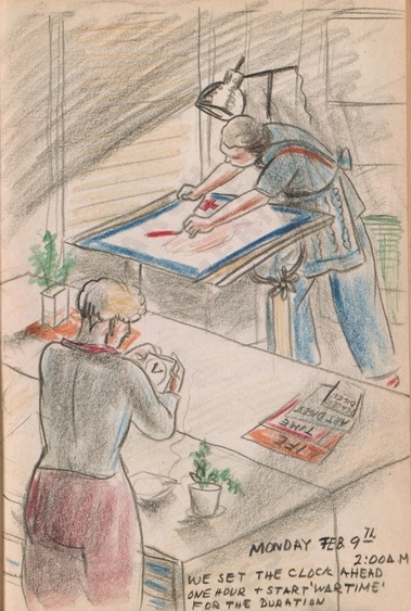 Monday Feb. 9th. 2:00 am. We set our clock ahead one hour + start 'wartime' for the duration. Dorr Bothwell's illustrated diary (2/9/1942). Archives of American Art.