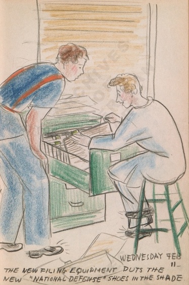 Wednesday Feb 11: The new filing equipment puts the new "National Defense" shoes in the shadeDorr Bothwell's illustrated diary (2/11/1942). Archives of American Art.