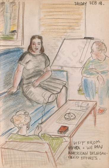Friday Feb 13: Visit from Vivika + we pan American disorganized efforts. Dorr Bothwell's illustrated diary (2/13/1942). Archives of American Art.