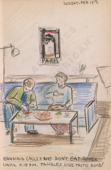 Sunday - Feb 15th: Banning calls + we don't eat supper til 11:15 p.p. Tamales sure taste good! Dorr Bothwell's illustrated diary (2/15/1942). Archives of American Art. 