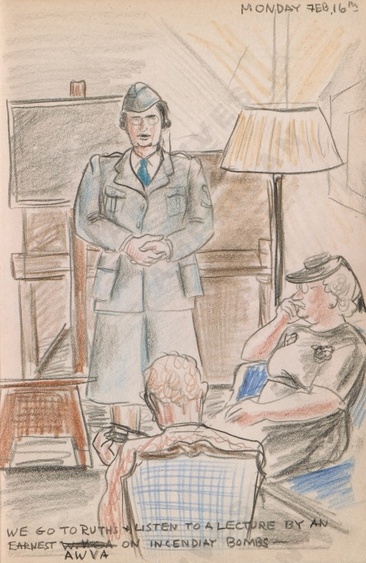 Monday Feb. 16th: We go to Ruth's and we listen to a lecture by an earnest AWVA on incendiary bombs - Dorr Bothwell's illustrated diary (2/16/1942). Archives of American Art. 