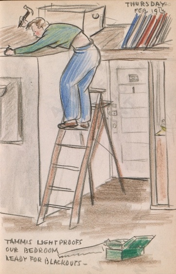 Thursday - Feb. 19th: Tammis lightproofs our bedroom ready for blackouts - Dorr Bothwell's illustrated diary (2/19/1942). Archives of American Art.