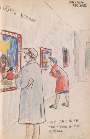 Friday Feb 20th: We take in an exhibition at the museum. Dorr Bothwell's illustrated diary (2/20/1942). Archives of American Art.