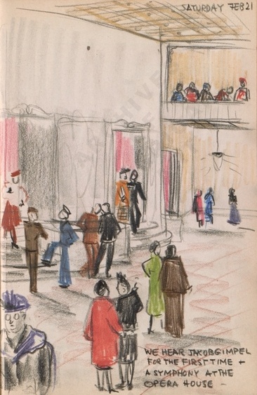 Saturday Feb 21: We hear Jakob Gimpel for the first time - a symphony at the Opera House - Dorr Bothwell's illustrated diary (2/21/1942). Archives of American Art.