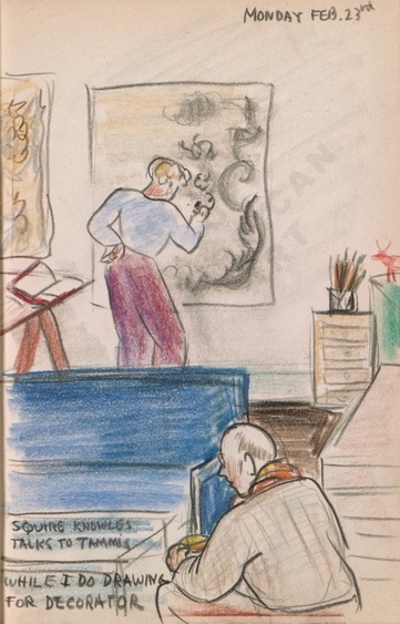 Monday Feb. 23rd: Squire Knowles talks to Tammis while I do drawing for decorator. Dorr Bothwell's illustrated diary (2/23/1942). Archives of American Art.