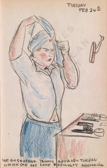 Tuesday Feb 24th: We go shopping. Tammis get a new turban which she had some difficulty arranging. Dorr Bothwell's illustrated diary (2/24/1942). Archives of American Art.