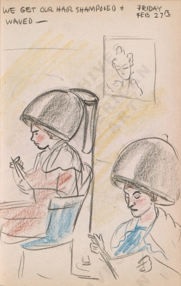 Friday Feb 27th: We get our hair shampooed + waved - Dorr Bothwell's illustrated diary (2/27/1942). Archives of American Art.