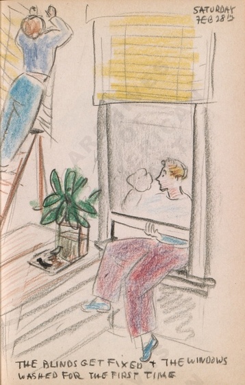 Saturday Feb 28th: The blinds get fixed + the windows washed for the first time. Dorr Bothwell's illustrated diary (2/28/1942). Archives of American Art.