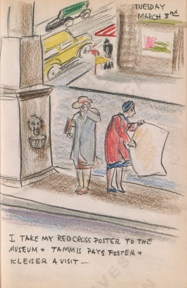 Tuesday March 3rd: I take my Red Cross poster to the Museum + Tammis pays Foster + Kleiser a visit. Dorr Bothwell's illustrated diary (3/03/1942). Archives of American Art.