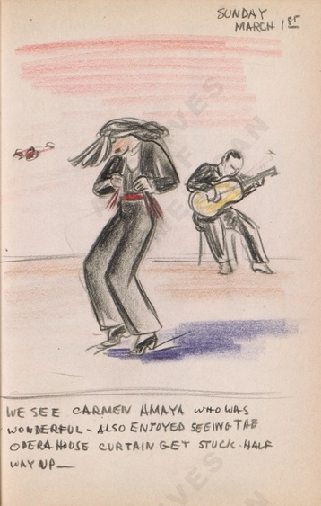 Sunday March 1st: We see Carmen Amaya who was wonderful - also enjoyed seeing the Opera House curtain get stuck half way up - Dorr Bothwell's illustrated diary (3/01/1942). Archives of American Art.