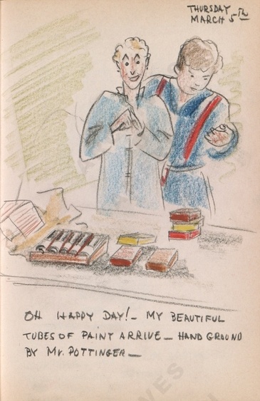 Thursday March 5th: Oh happy day! - My beautiful tubes of paint arrive - hand ground by Mr. Pottinger - Bothwell's illustrated diary (3/05/1942). Archives of American Art.