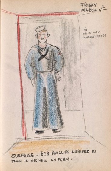 Friday March 6th: SURPRISE - Bob Phillips arrives in town in his new uniform. Bothwell's illustrated diary (3/06/1942). Archives of American Art. 