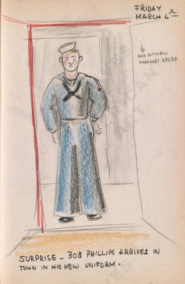 Friday March 6th: SURPRISE - Bob Phillips arrives in town in his new uniform. Bothwell's illustrated diary (3/06/1942). Archives of American Art. 