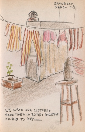 Saturday March 7th: We wash our clothes + hang them in Ruth's and Dorothy's Studio to dry - Dorr Bothwell's illustrated diary (3/07/1942). Archives of American Art.