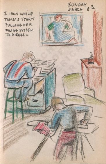 Sunday March 8th: I iron while Tammis starts pulling her filing system to pieces. Dorr Bothwell's illustrated diary (3/08/1942). Archives of American Art.