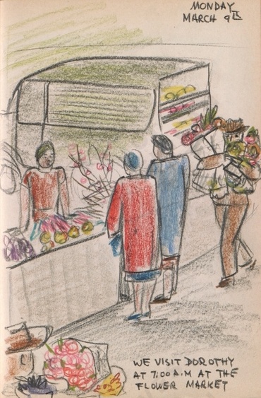 Monday March 9th: We visit Dorothy at 7:00 a.m. at the Flower Market. Dorr Bothwell's illustrated diary (3/09/1942). Archives of American Art.