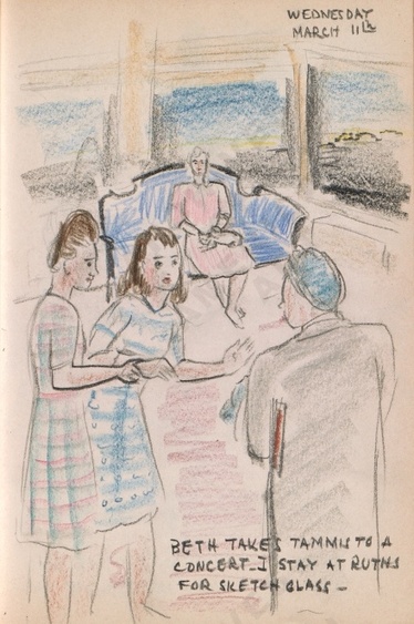 Wednesday March 11: Beth takes Tammis to a concert. I stay at Ruths for a sketch class - Dorr Bothwell's illustrated diary (3/11/1942). Archives of American Art.