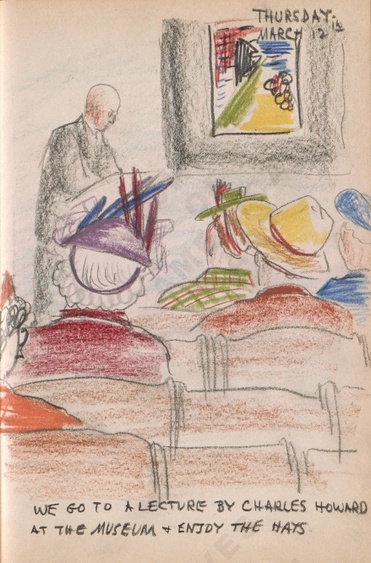 Thursday - March 12th: We go to a lecture by Charles Howard at the Museum + and enjoy the hats. Dorr Bothwell's illustrated diary (3/12/1942). Archives of American Art.