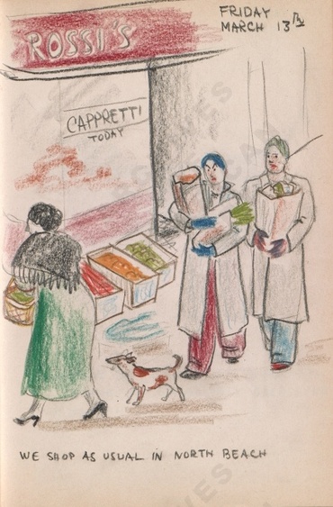 Friday March 13th: We shop as usual in North Beach. Dorr Bothwell's illustrated diary (3/13/1942). Archives of American Art.